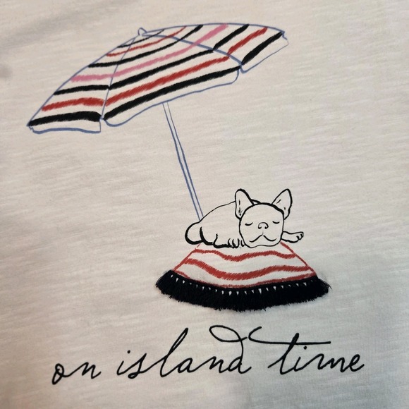 Talbots Size M White Cotton French Bulldog On Island Time Beach Tee T-shirt - Picture 2 of 7